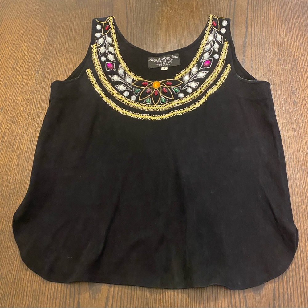 VTG Judith Ann Creations Black Genuine Suede Beaded Tank Top Size Small